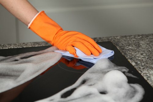 Service team preparing cleaning tools for a carpet job