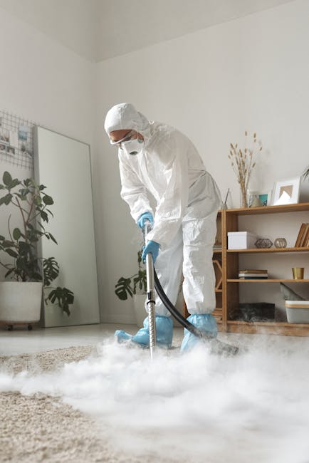 A person wearing a white protective suit, mask, and blue gloves is cleaning a dark wooden table surface with a cloth. There is a spray bottle nearby, likely containing cleaning solution. The setting a